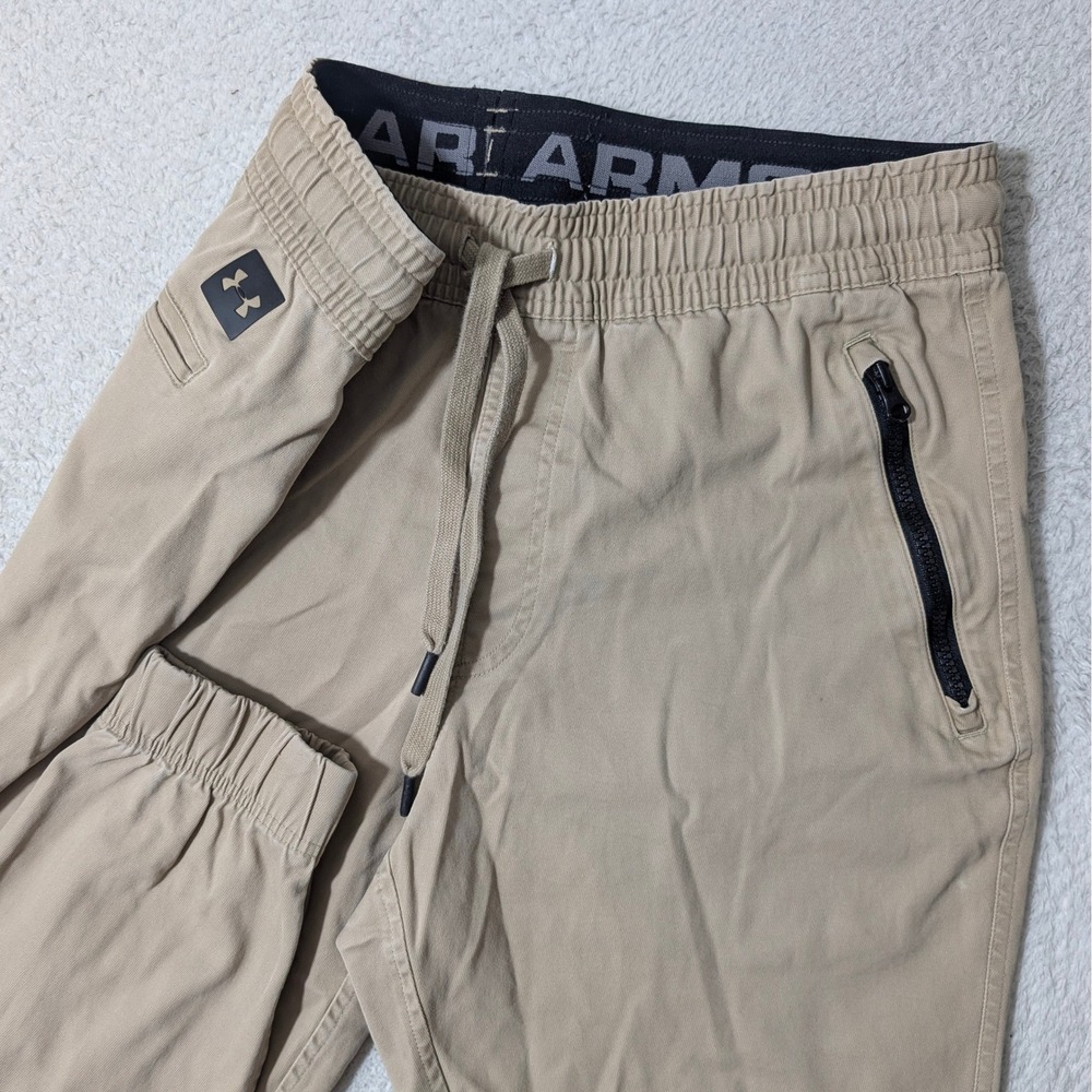 Under Armour Jogger Pants Mens L Tan Khaki Zipper Pockets Casual Stretch